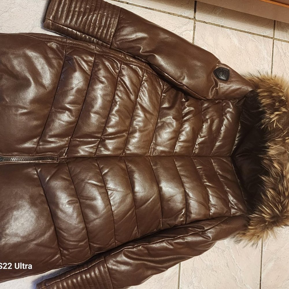 Women's authentic RUDSAK Brown Leather Hooded Winter Coat Size XL